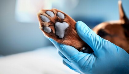 Hand of a veterinarian in a protective glove holding a paw of his patient. Generated image