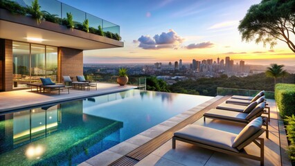 Fototapeta premium Sophisticated outdoor oasis featuring an infinity-edge swimming pool, sleek lounge chairs, and lavish landscaping, surrounded by sleek glass railings and breathtaking city views.