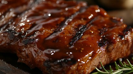 Close-up of a perfectly grilled steak with a glossy barbecue sauce, featuring grill marks and garnished with a sprig of rosemary.