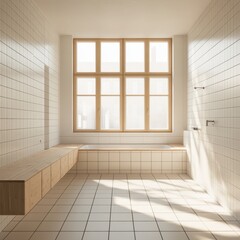 A bathroom with a wooden bench and a window