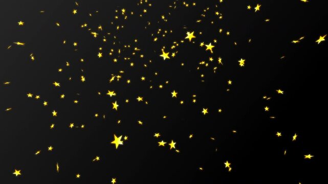 Gold stars glowing and falling from the night sky. Black gradation background. For Christmas, Happy Holidays and season's greetings.