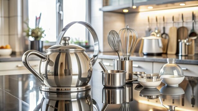 Sparkling clean utensils, including a shiny whisk, stainless steel spoons, and a shined chrome kettle, arranged neatly on a spotless modern kitchen counter.