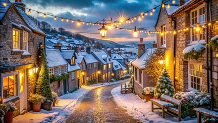 Sparkling fairy lights adorn a quaint coastal village in Cornwall, England, during a snowy Christmas evening, with festive decorations and banners lining the cobblestone streets.