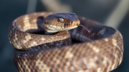 Fototapeta premium Close-up of a beautiful snake, showcasing its intricate scales and curious tongue. Perfect for wildlife and nature photography.