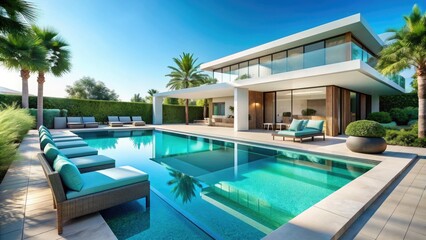 Fototapeta premium Sparkling turquoise pool water reflects a modern luxurious villa with sleek outdoor furniture and lush greenery, set against a bright sunny blue sky background.