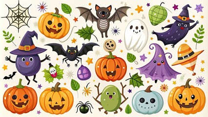 Spooky assortment of Halloween-themed clip art illustrations featuring bats, spiders, pumpkins, ghosts, and witches in vibrant colors and playful designs.