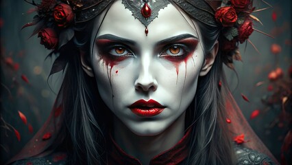 Spooky pale complexion, arched eyebrows, and blood-red lips define the hauntingly beautiful face of a mythical creature, exuding an aura of mystery and eternal darkness.