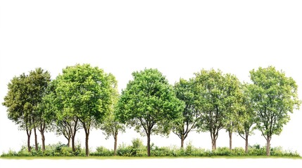 Obraz premium Cutout Tree Line with Forest and Green Foliage: A Detailed Row of Trees and Shrubs Isolated on a White Background, Showcasing Lush Greenery Typical of Summer. 