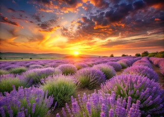 Obraz premium Lavender Sunset: Aromatic herbs, twilight hues, soft purples and oranges, serene atmosphere