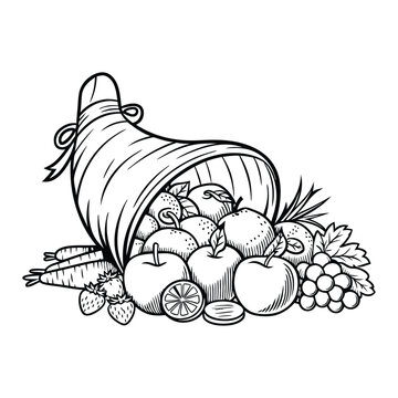 recommend clip art: Illustration of a cornucopia filled with various fruits and vegetables. outline