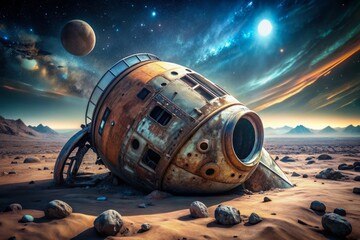 Lost CosmoSphere: Abandoned capsule drifting in vastness, decayed metal, haunting, desolation