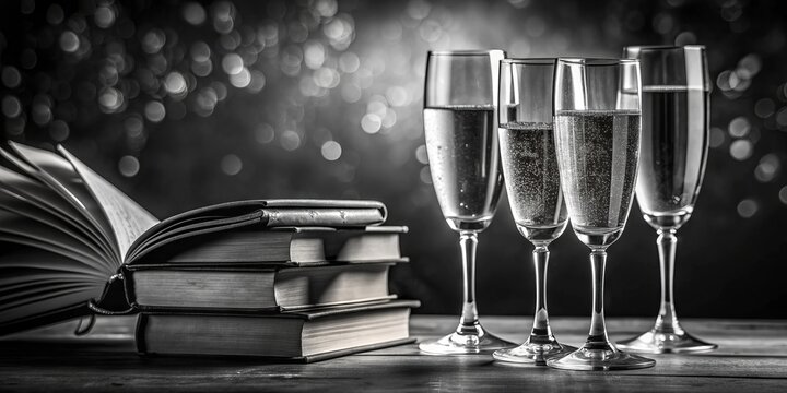 Literary Soirée: Sophisticated, Elegant, Black and White, Champagne Flutes, Books