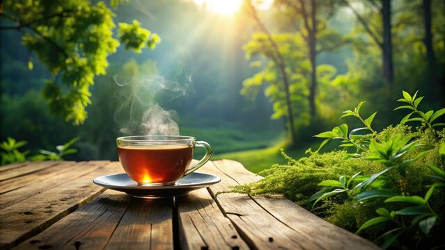 Steaming cup of tea sits on a rustic wooden table surrounded by lush greenery, evoking a sense of serenity and peaceful morning moments alone.