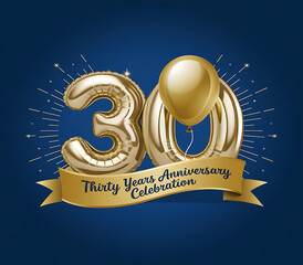 Banner with number 30 golden balloon with copy space. thirty years anniversary celebration concept on a blue background.