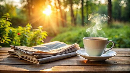 Steamy coffee cup and unfolded newspaper on a wooden table, surrounded by morning sunlight, creating a cozy atmosphere for a relaxing morning read.
