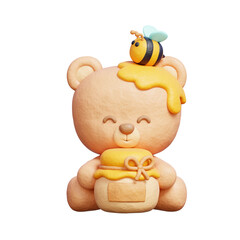 3D Cute bear with honey Jar, spring season, 3d rendering.