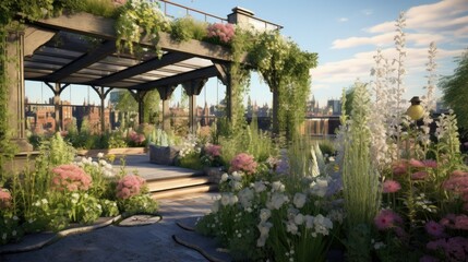 Obraz premium Urban green roof garden with a variety of plants and flowers