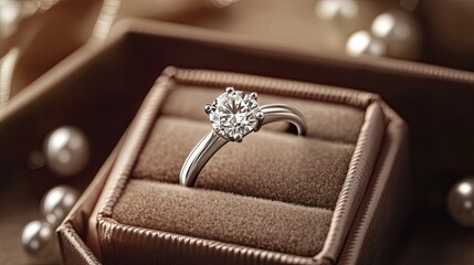 Diamond ring in jewelry gift box floated on brown background