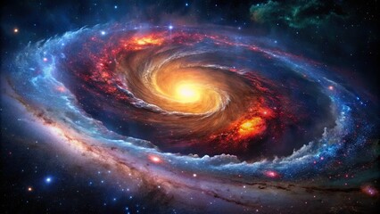 Stunning high-dynamic-range image of a majestic galaxy with vibrant stars, swirling nebulas, and a mesmerizing black hole against a deep, starry night sky.