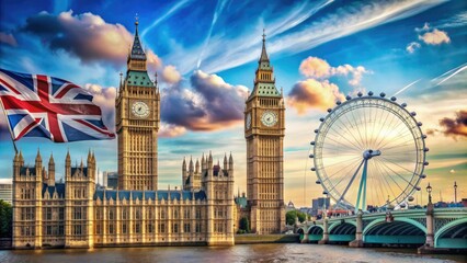 Fototapeta premium Stunning illustration of London's iconic landmarks, including the London Eye and Big Ben, set against a vibrant blue sky with stylized Union Jack accents.