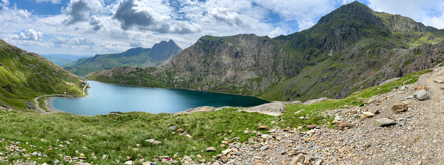 Walking down Miners Track, Yr Wyddfa (Snowdon) highest mountain in Wales, Gwynedd, Wales