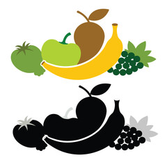 set of Color Black And White Fruits Vegetables Vector Illustration  on a wgite background 