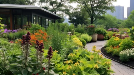 Fototapeta premium Urban green roof garden with a variety of plants and flowers