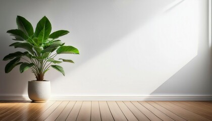 Fototapeta premium Plant against a white wall mock up. White wall mock up, plant and wood floor.. Generated image
