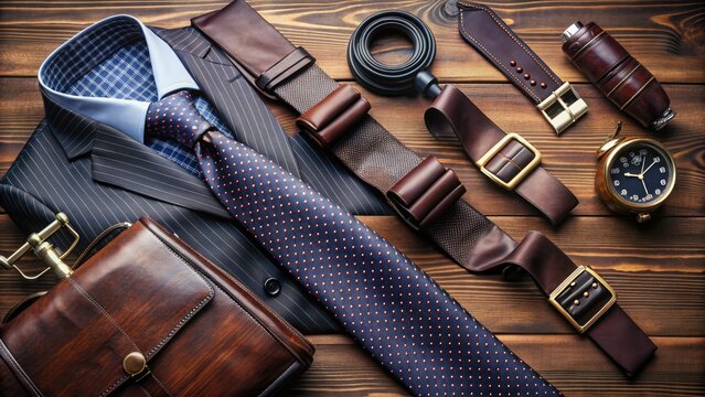 Stylish assortment of menswear essentials, including sleek watches, luxurious silk ties, and premium leather belts, against a sophisticated dark wood background.