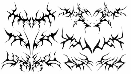 Set of Symmetrical neo tribal sigilism Pattern Cyber ​​Gothic Elements in Abstract White black 