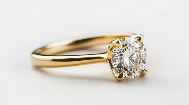 Diamond Ring Yellow Gold Isolated on White Engagement Solitaire Style Ring
