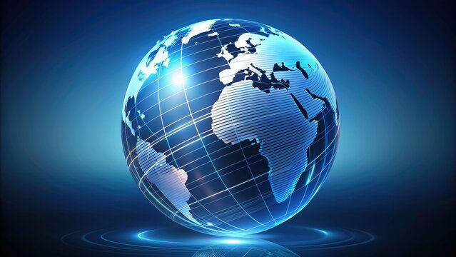 Stylized, lined globe icon with subtle shading and detailed latitude and longitude lines, symbolizing global connectivity and international communication on a modern blue background.
