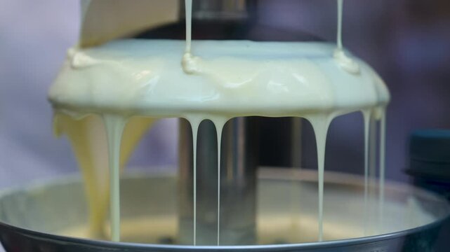 big  fondue with white chocolate .chocolate is pouring out like a fountain