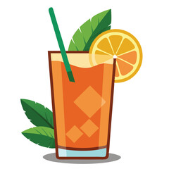 Minimalist Orange Juice Vector Illustration  Refreshing Drink with Ice and Green Leaves