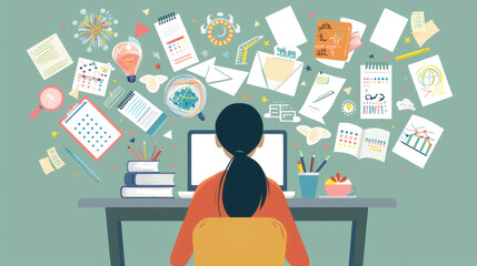 A student focuses on studying at a desk cluttered with notes, charts, and inspiration, immersed in a creative environment