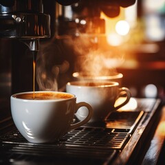 Fototapeta premium A close-up of an espresso machine pouring hot coffee into two white cups,generative ai