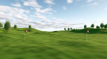 Obraz premium Vast, empty golf course with flag markers on distant greens