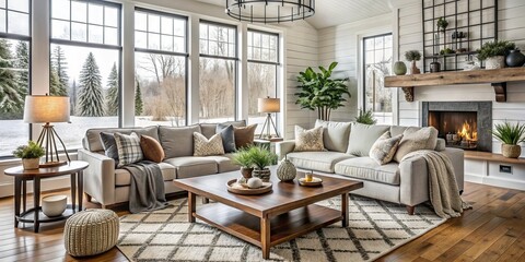 Obraz premium Modern Farmhouse Winter Living Room: Clean lines, neutral colors, wood accents, cozy textiles, inviting atmosphere