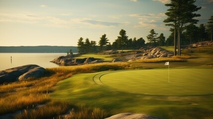 Vast, empty golf course with flag markers on distant greens