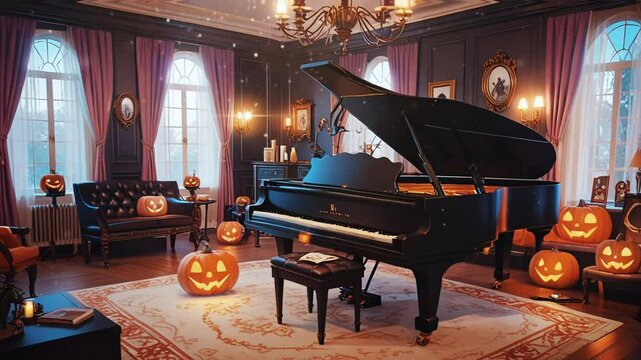 grand piano on helloween night, smooth looping video with 4K animation