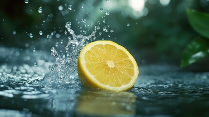 lemon falling into water splash slow motion, depth of field