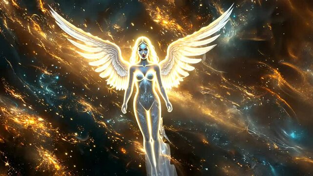 A celestial being soars through cosmic realms showcasing ethereal beauty and vibrant light in a stunning galactic backdrop