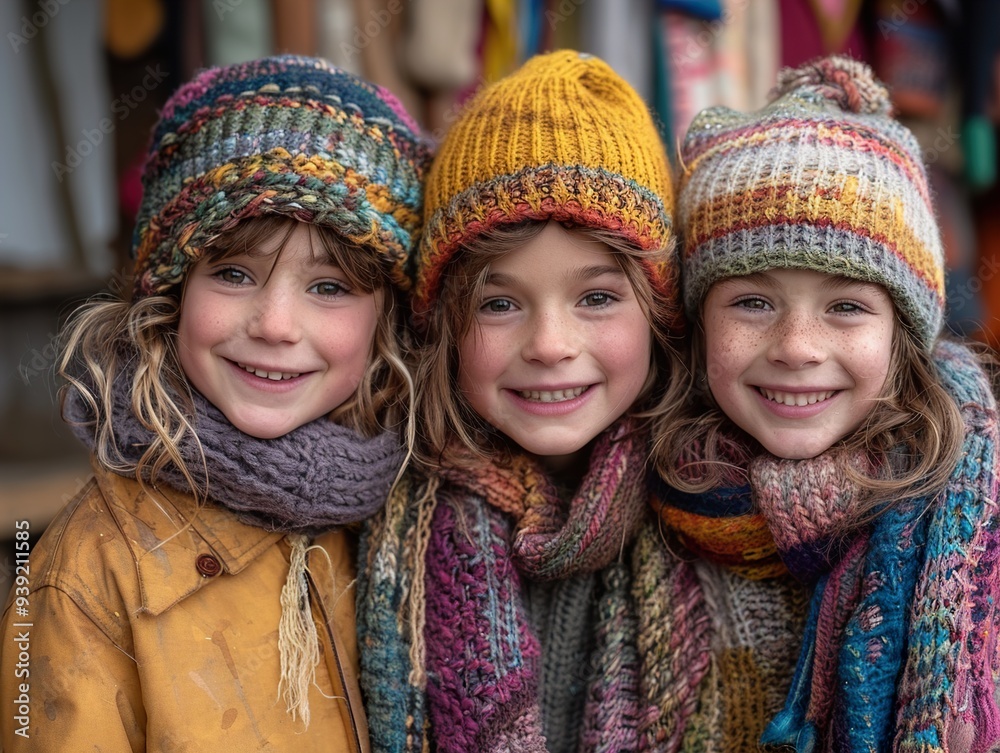 Wall mural Three Adorable Girls Smiling in Colorful Winter Hats and Scarves