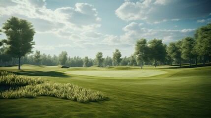 Obraz premium Vast, empty golf course with flag markers on distant greens