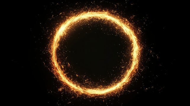 Fire circle or ring shape on dark black background. Abstract shiny sparkling fire particles