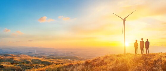 Three people admire a scenic sunset behind a wind turbine, showcasing renewable energy and nature's beauty. Carbon Neutrality concept.