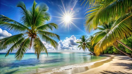 Sunny beach with palm trees and calm sea, perfect for relaxing and enjoying a peaceful life after years of hard work and dedication.