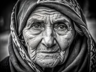 Monochrome Intensity: Black-and-white image of an old woman with contrasting facial expressions and sharp lines.