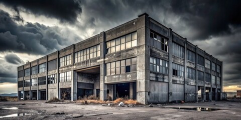 Obraz premium Monolithic Despair: Massive commercial structure with broken windows, crumbling concrete, barren landscape, desolate mood, black and gray color scheme