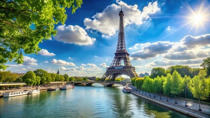 Sunny day at iconic Eiffel Tower in Paris, France, with lush greenery and Seine River flowing gently in the background.